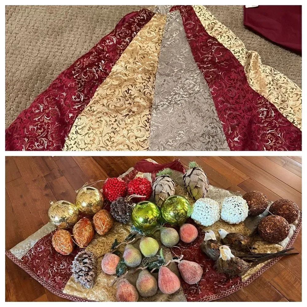 Rodeo Home gold and red tree skirt and lot of 30 boutique ornaments